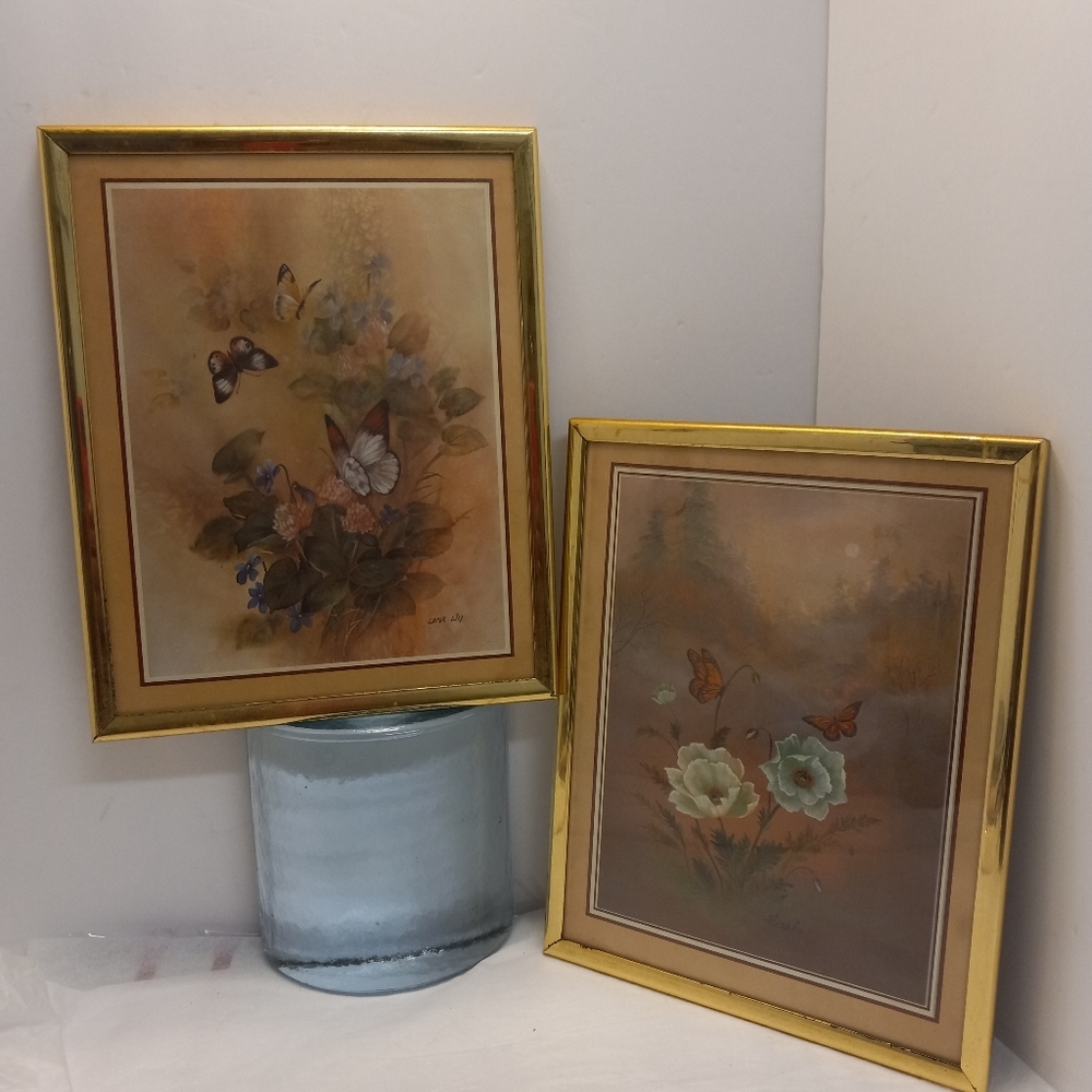Vintage Hiskao & Lena Liu Butterflies & Flowers 8"× 10" Lithograph framed art